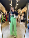Neon Yeşil Beli Lastikli Saten Bol Pantolon