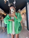 Neon Yeşil Kendinden Çizgili Düşük Yaka Gömlek 