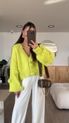 Neon Yeşil V Yaka Gül Nakışlı Balon Kol Dilvin Hırka 