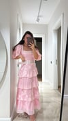 Pembe Balon Kol Kemerli Kat Kat Elbise 