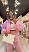 Pembe Beyaz Çizgili Crop Gömlek 