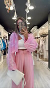 Pembe Beyaz Çizgili Crop Gömlek 