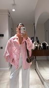 Pembe Beyaz Çizgili Transparan Oversize Gömlek