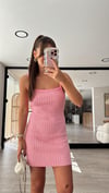 Pembe Beyaz Kareli  Askılı Triko Elbise
