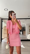 Pembe Beyaz Kareli  Triko Crop Hırka