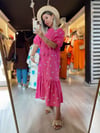 Pembe Çiçek Desenli Kolları Balonlu Düğmeli Midi Boy Elbise