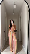 Pembe Çok Renkli Çizgili Saten Pantolon