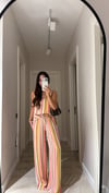 Pembe Çok Renkli Çizgili Saten Pantolon