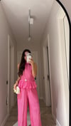 Pembe Gold Düğme Detaylı Yelek Pantolon Takım