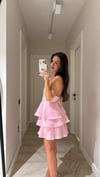 Pembe İnce Askılı Volanlı Mini Elbise
