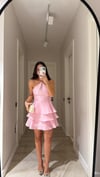 Pembe İnce Askılı Volanlı Mini Elbise