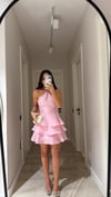 Pembe İnce Askılı Volanlı Mini Elbise