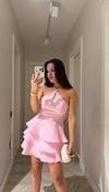 Pembe İnce Askılı Volanlı Mini Elbise