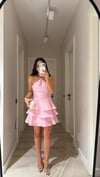 Pembe İnce Askılı Volanlı Mini Elbise