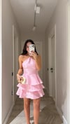Pembe İnce Askılı Volanlı Mini Elbise