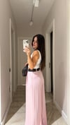 Pembe Kendinden Çizgili Kemerli Palazzo Pantolon