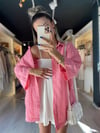 Pembe Kendinden Çizgili Kısa Kollu Gömlek 