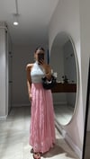 Pembe Kendinden Kırışık Uzun Etek 