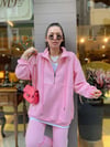 Pembe Önden Fermuarlı Kanguru Cepli Oversize Sweat