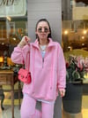 Pembe Önden Fermuarlı Kanguru Cepli Oversize Sweat