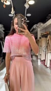 Pembe Parlak Baskılı Kısa Kol Triko Kazak