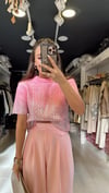 Pembe Parlak Baskılı Kısa Kol Triko Kazak