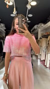 Pembe Parlak Baskılı Kısa Kol Triko Kazak