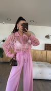Pembe Polo Yaka Taş Düğmeli Ajurlu Dilvin Kazak 