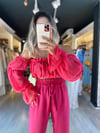 Pembe Şifon Omuz Detaylı Bluz