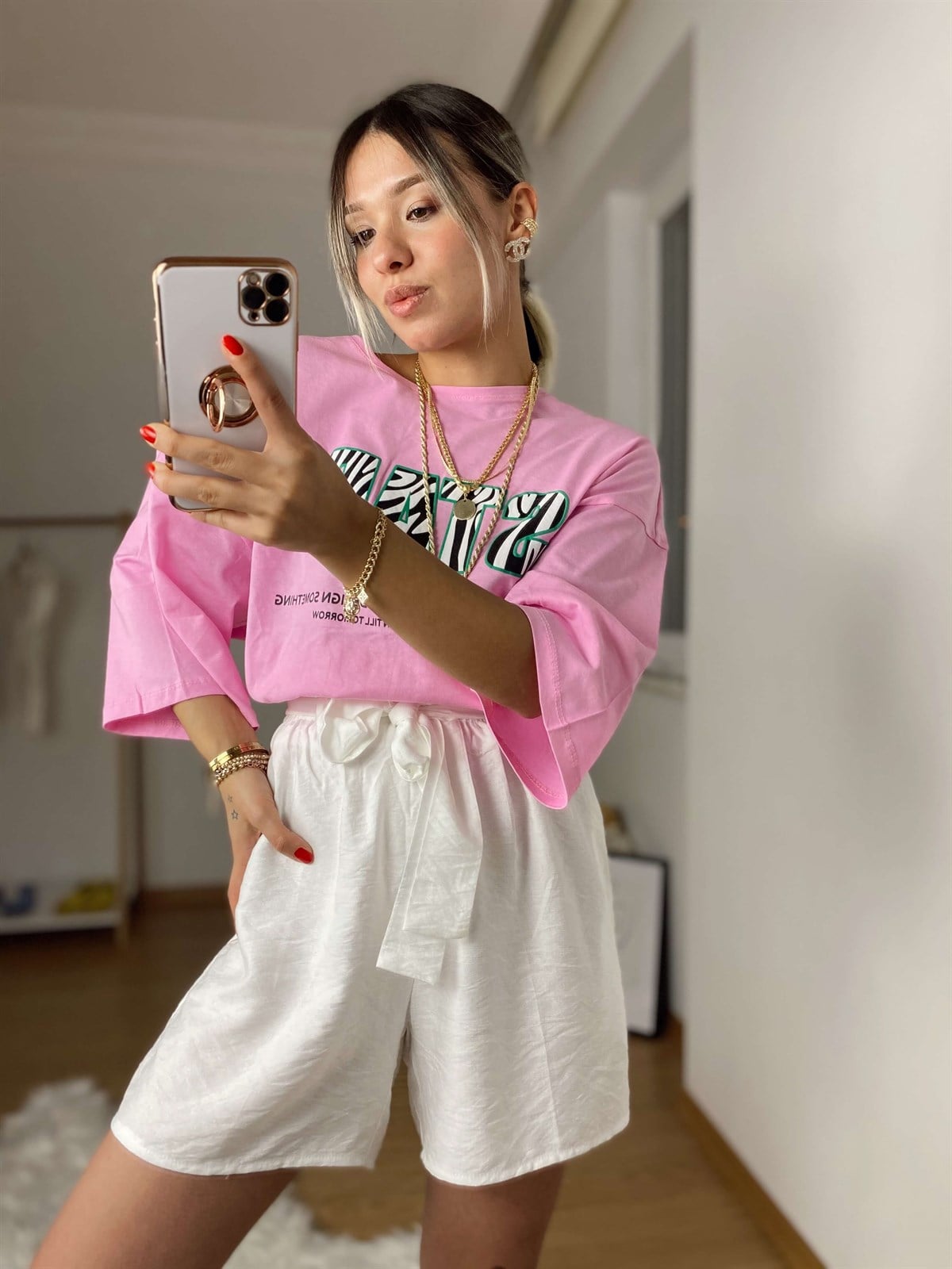 Pembe Start Baskılı Tshirt