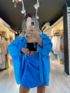 Saks Mavi Bağlamalı Saten Şort Etek