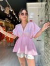 Şeker Pembe Beli Büzgülü V Yaka Bluz