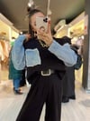 Siyah Denim Detaylı Crop Sweat 