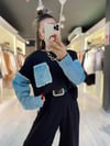 Siyah Denim Detaylı Crop Sweat 
