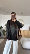 Siyah Gri Bisiklet Yaka Baklava Desenli Kazak