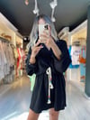 Siyah Hasır Kemerli Gofre Elbise