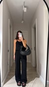 Siyah İp Askılı Jakarlı Bluz Pantolon Takım