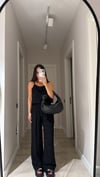 Siyah İp Askılı Jakarlı Bluz Pantolon Takım