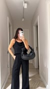 Siyah İp Askılı Jakarlı Bluz Pantolon Takım