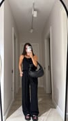 Siyah İp Askılı Jakarlı Bluz Pantolon Takım