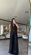 Siyah Kendinden Kemerli Parlak Kumaş Pantolon