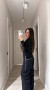 Siyah Siyah Kolu Dantelli Tişört