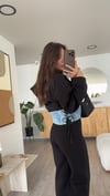 Siyah Mavi Jean Detaylı Kapüşonlu Sweat Takım