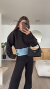 Siyah Mavi Jean Detaylı Kapüşonlu Sweat Takım