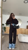 Siyah Mavi Jean Detaylı Kapüşonlu Sweat Takım