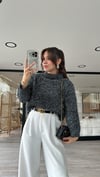 Siyah Simli Polo Yaka Gül Düğmeli Yumuşak Dokulu Dilvin Hırka 