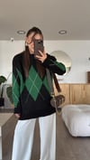 Siyah Yeşil Bisiklet Yaka Baklava Desenli Kazak