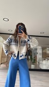 Taş Mavi Çift Fermuarlı Figürlü Triko Hırka