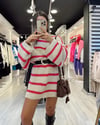 Taş Pembe Çizgili Oversize Kazak Elbise 