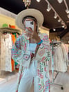 Taş Rengi  Desenli Kuşaklı Keten Kimono